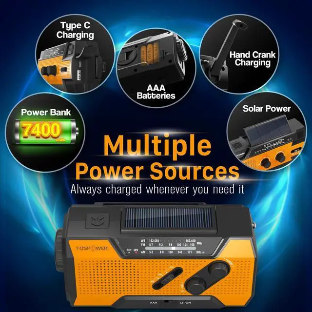 Alt view image 7 of 7 - _Mega Brand Emergency Weather Radio (Model A1) NOAA/AM/FM with 7400mWh Portable Power Bank, USB/Solar/Hand Crank Charging, Battery Operated, SOS Alarm & Flashlight for Indoor/Outdoor Emergencies