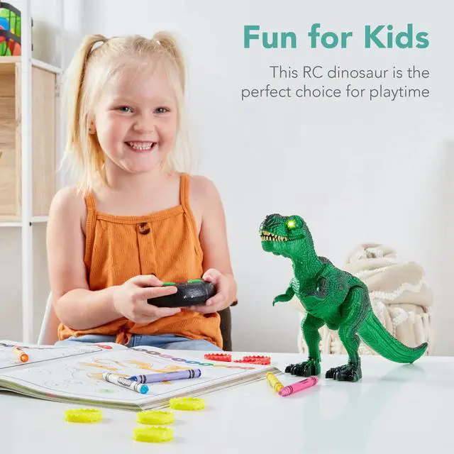 Alt view image 2 of 7 - _Mega Brand Kids Remote Control Dinosaur Toy, Electronic RC T-Rex w/ Light-Up LED Eyes, Roaring Sounds - Green