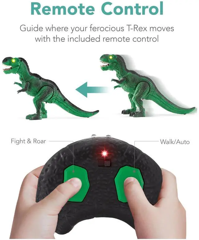 Alt view image 3 of 7 - _Mega Brand Kids Remote Control Dinosaur Toy, Electronic RC T-Rex w/ Light-Up LED Eyes, Roaring Sounds - Green