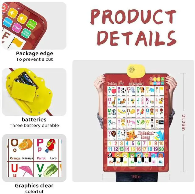 Alt view image 7 of 7 - _Mega Brand Electronic Alphabet Wall Chart, Toddler Learning Toys , Educational Toys ABC Preschool Poster, Alphabet Learning Toys, Toys for Ages 2-6, English & Spanish, Red