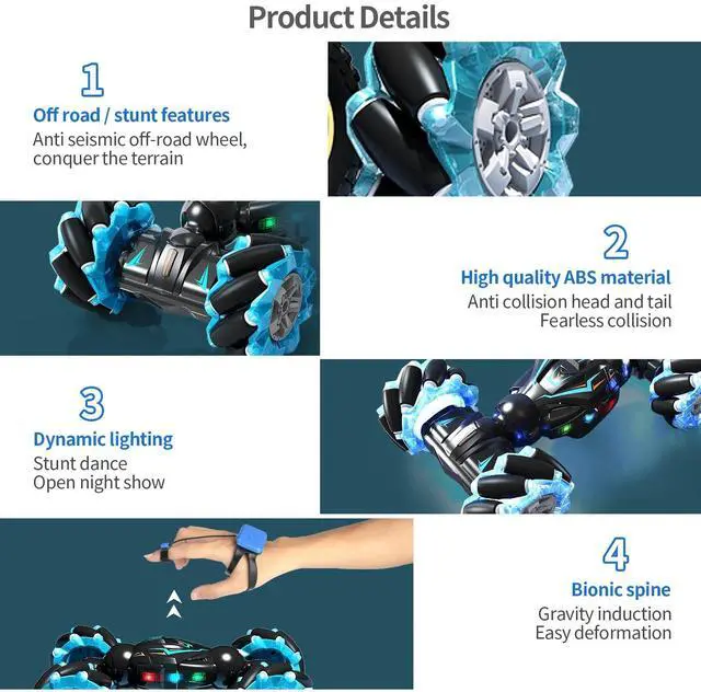 Alt view image 3 of 6 - _Mega Brand RC Stunt Car, 2.4GHz 4WD Gesture Sensing Remote Control Car with Lights Music 360° Rotating Vehicles