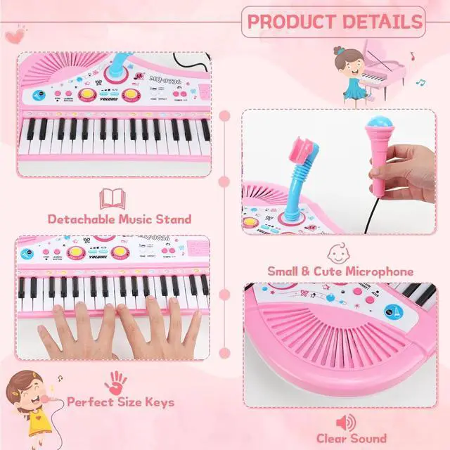Alt view image 3 of 7 - _Mega Brand 37 Keys Piano Toys for Kids, Portable Electronic Musical Instrument with Microphone, Educational Musical Instrument Gift for Boys Girls Aged 3-8, Pink