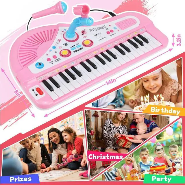 Alt view image 6 of 7 - _Mega Brand 37 Keys Piano Toys for Kids, Portable Electronic Musical Instrument with Microphone, Educational Musical Instrument Gift for Boys Girls Aged 3-8, Pink