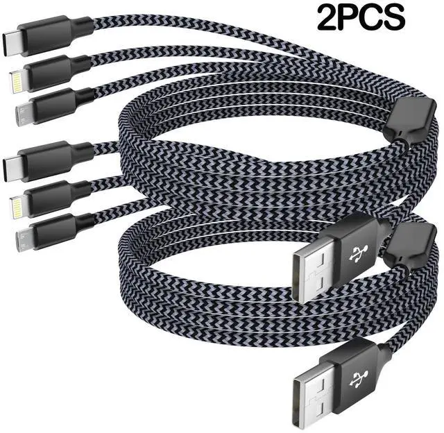 Main image of _Mega Brand 3-in-1 USB-C Cell Phone Charger Cord Charging Cable Fast Charge Data Cable 2PCS Black Gray