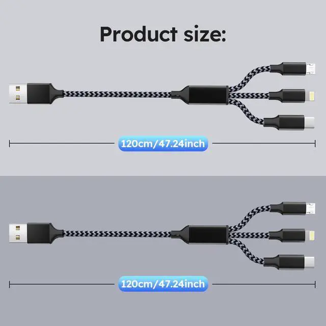 Alt view image 2 of 7 - _Mega Brand 3-in-1 USB-C Cell Phone Charger Cord Charging Cable Fast Charge Data Cable 2PCS Black Gray