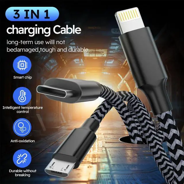 Alt view image 3 of 7 - _Mega Brand 3-in-1 USB-C Cell Phone Charger Cord Charging Cable Fast Charge Data Cable 2PCS Black Gray