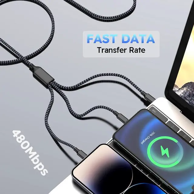 Alt view image 7 of 7 - _Mega Brand 3-in-1 USB-C Cell Phone Charger Cord Charging Cable Fast Charge Data Cable 2PCS Black Gray