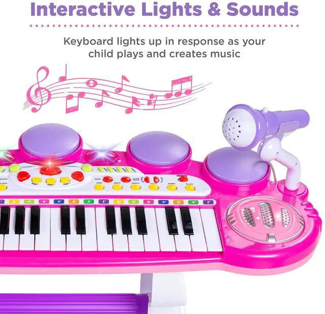 Alt view image 2 of 7 - _Mega Brand 37-Key Kids Electronic Piano Keyboard w/ Multiple Sounds, Lights Microphone, Stool - Pink