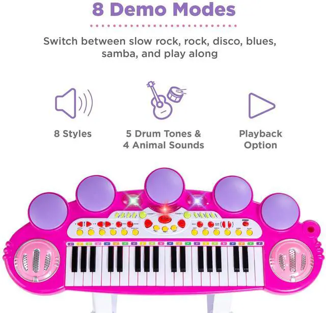 Alt view image 3 of 7 - _Mega Brand 37-Key Kids Electronic Piano Keyboard w/ Multiple Sounds, Lights Microphone, Stool - Pink