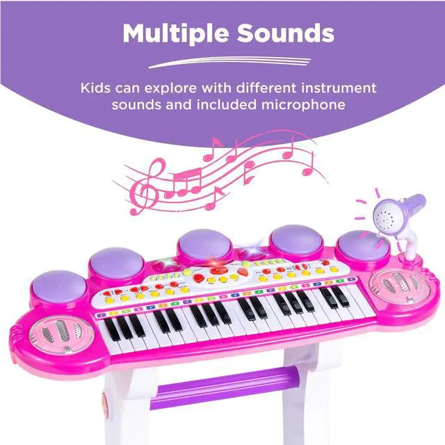 Alt view image 5 of 7 - _Mega Brand 37-Key Kids Electronic Piano Keyboard w/ Multiple Sounds, Lights Microphone, Stool - Pink