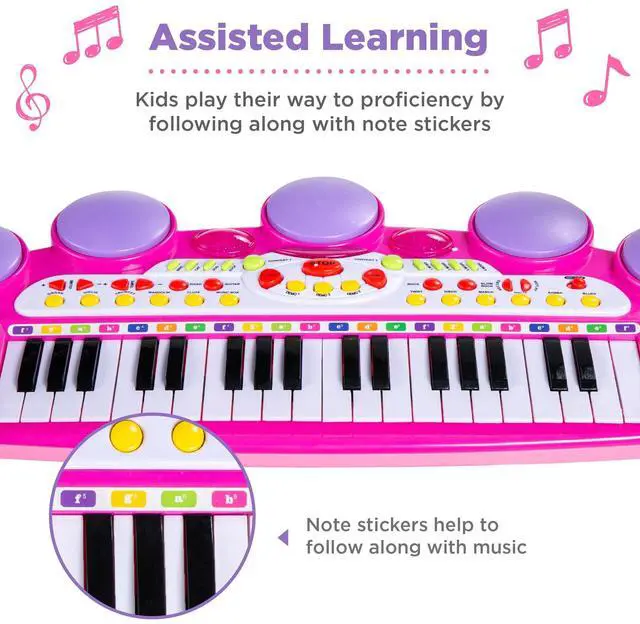 Alt view image 4 of 7 - _Mega Brand 37-Key Kids Electronic Piano Keyboard w/ Multiple Sounds, Lights Microphone, Stool - Pink