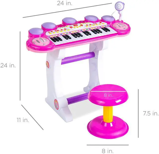 Alt view image 7 of 7 - _Mega Brand 37-Key Kids Electronic Piano Keyboard w/ Multiple Sounds, Lights Microphone, Stool - Pink