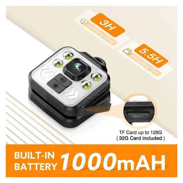 Alt view image 4 of 6 - _Mega Brand Police Body Camera Waterproof Portable Flashlight Body-Worn Camera Night Vision 4-6HR Battery Life 1080P Personal Mini Cam ,Easy to Carry