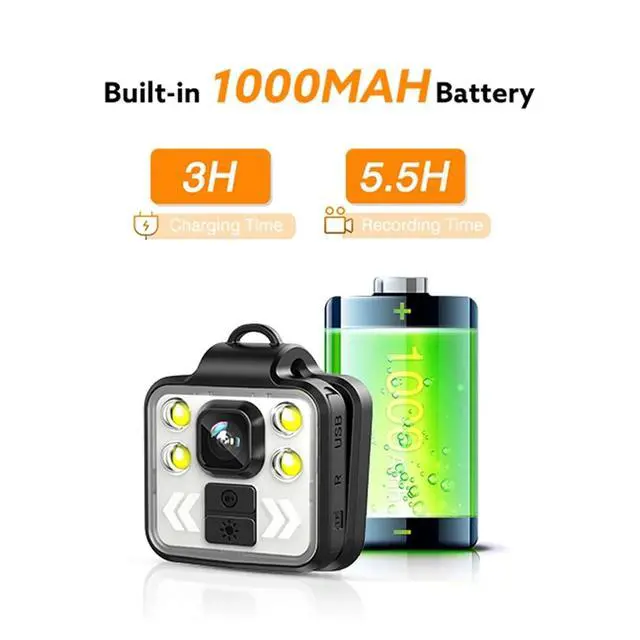 Alt view image 6 of 6 - _Mega Brand Police Body Camera Waterproof Portable Flashlight Body-Worn Camera Night Vision 4-6HR Battery Life 1080P Personal Mini Cam ,Easy to Carry