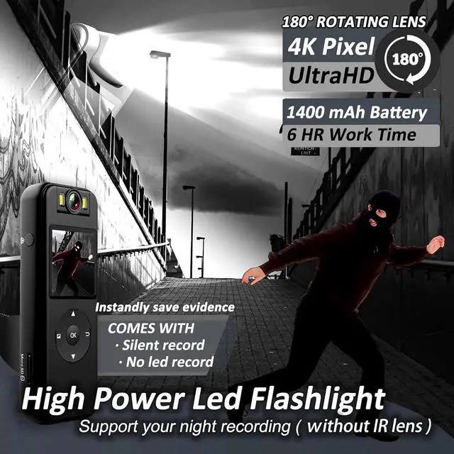 Alt view image 3 of 7 - _Mega Brand 4K Body Camera with Audio & Video Recording-128G Body Cam Mini Police Wearable Worn Bodycam - Portable Small Personal Camcorder - Sport Bike Outdoor Video Recorder (with Magnetic Lanyard)