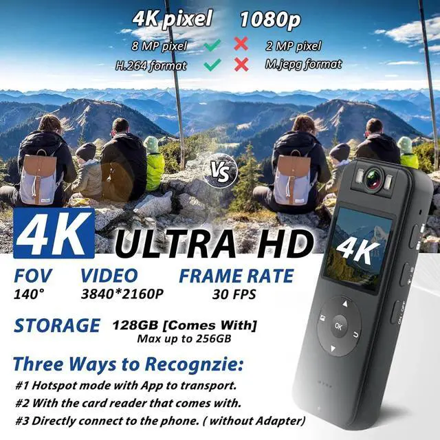 Alt view image 2 of 7 - _Mega Brand 4K Body Camera with Audio & Video Recording-128G Body Cam Mini Police Wearable Worn Bodycam - Portable Small Personal Camcorder - Sport Bike Outdoor Video Recorder (with Magnetic Lanyard)