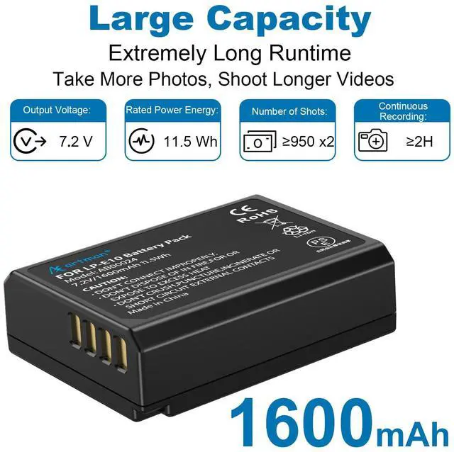Alt view image 3 of 6 - _Mega Brand LP-E10 Battery 2-Pack 1600mAh and Rapid Dual USB Charger for Canon LP E10, EOS Rebel T7 T6 T5 T3 T100, Kiss X50 X70 X80 X90, EOS 1100D 1200D 1300D 1500D 2000D 3000D 4000D Digital Cameras