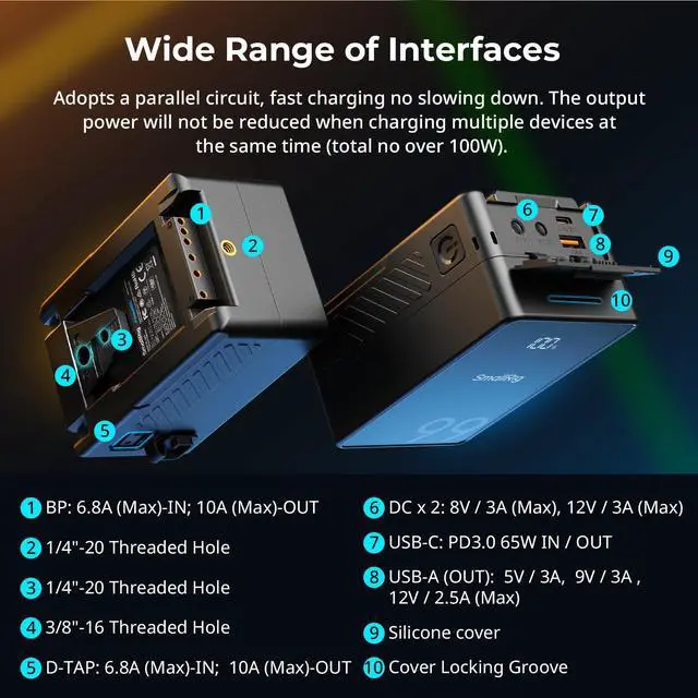 Alt view image 2 of 7 - _Mega Brand V Mount Battery VB99 SE, 99Wh / 6800mAh V Mount Battery with 65W Output, 2.5H Full Charge, with USB-C, D-TAP, USB-A, Dual DC Ports, OLED Screen, for Camera, Camcorder, Monitor, Video Light