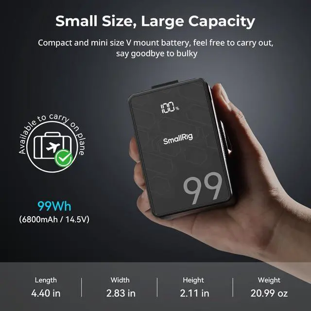 Alt view image 5 of 7 - _Mega Brand V Mount Battery VB99 SE, 99Wh / 6800mAh V Mount Battery with 65W Output, 2.5H Full Charge, with USB-C, D-TAP, USB-A, Dual DC Ports, OLED Screen, for Camera, Camcorder, Monitor, Video Light