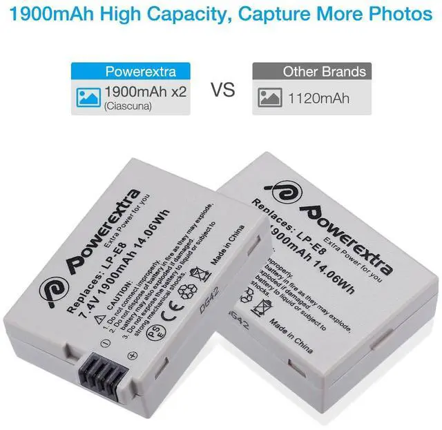 Alt view image 4 of 6 - _Mega Brand 2-Pack LP E8 Battery Compatible with Canon LP-E8 Battery for Canon EOS 650D 600D 550D, Kiss X7i X6i X4 X5 X6, Rebel T3i, T2i, T4i, T5i, LC-E8E