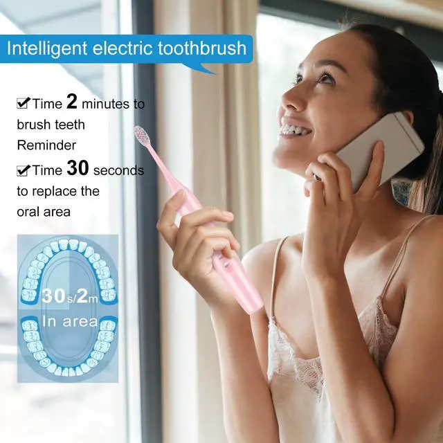 Alt view image 4 of 6 - _Mega Brand Electric Toothbrush Set, Comes with 8 Brush Heads & Travel Case,4 Modes with 2 Minutes Built in Smart Timer, One Charge for 60 Days, 42000 VPM Motor (Pink)