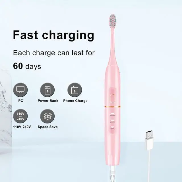 Alt view image 6 of 6 - _Mega Brand Electric Toothbrush Set, Comes with 8 Brush Heads & Travel Case,4 Modes with 2 Minutes Built in Smart Timer, One Charge for 60 Days, 42000 VPM Motor (Pink)