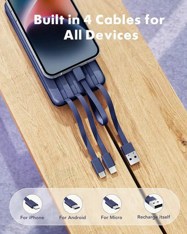 Alt view image 2 of 7 - Portable Charger with Built in Cables, Power Bank with Cords Wires, Slim 10000mAh Travel Battery Pack 6 Outputs 3 Inputs 3A Fast Charging for Samsung Google Pixel LG Moto iPhone iPad