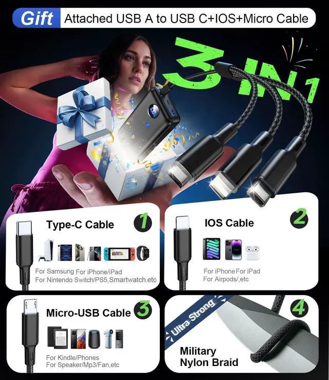 Alt view image 2 of 6 - _Mega Brand Portable Charger Power Bank - 60,000mAh Battery Pack, 22.5W Fast Charging Phone Charger with USB-C/iOS/Micro-USB Cable, Powerbank for iPhone 16 15 14 13 12 Samsung Google