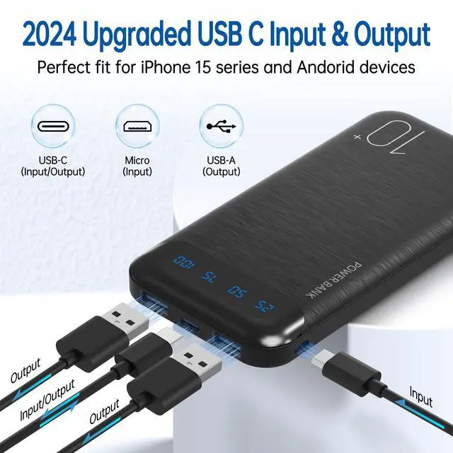 Alt view image 2 of 7 - Power Bank 10000mAh Portable Charger Slim Battery Pack with 2 USB 2.4A Outputs and USB C in/Out Compatible with Huawei iPhone 16 15 14 13 12 iPad Samsung Galaxy S20 Android Tablet