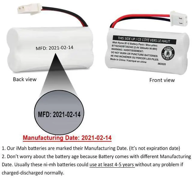 Alt view image 2 of 5 - _Mega Brand BT162342/BT262342 2.4V 300mAh Ni-MH Cordless Phone Battery Pack, Also Compatible with BT183342/BT283342 AT&T EL52351 TL90070 VTech CS5119 DS6511 DS6722 LS6305 Handset, 2-Pack