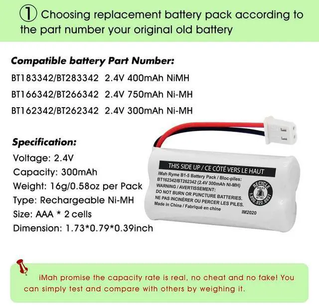 Alt view image 3 of 5 - _Mega Brand BT162342/BT262342 2.4V 300mAh Ni-MH Cordless Phone Battery Pack, Also Compatible with BT183342/BT283342 AT&T EL52351 TL90070 VTech CS5119 DS6511 DS6722 LS6305 Handset, 2-Pack