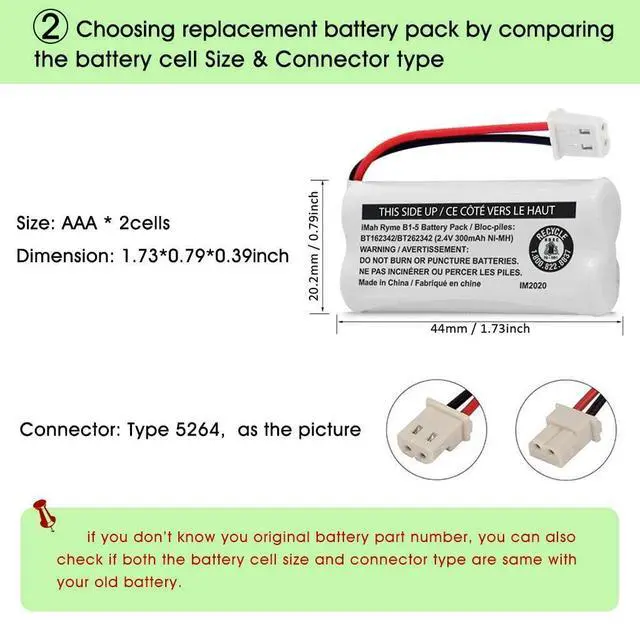 Alt view image 4 of 5 - _Mega Brand BT162342/BT262342 2.4V 300mAh Ni-MH Cordless Phone Battery Pack, Also Compatible with BT183342/BT283342 AT&T EL52351 TL90070 VTech CS5119 DS6511 DS6722 LS6305 Handset, 2-Pack