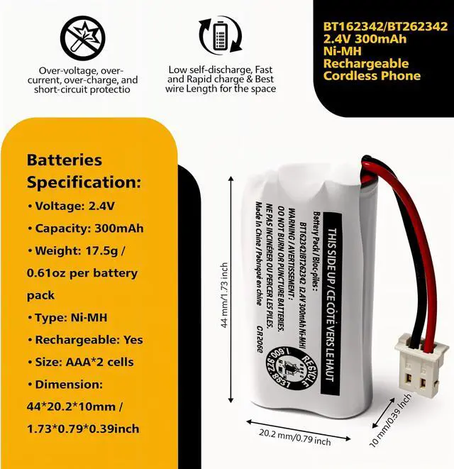 Alt view image 3 of 6 - _Mega Brand 2-Pack BT162342/BT262342 2.4V 300mAh Battery Packs for VTech Cordless Phone