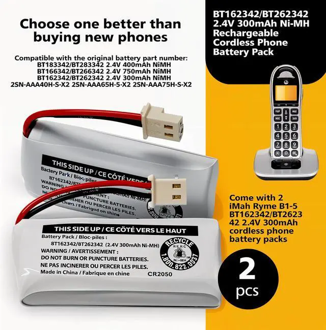 Alt view image 4 of 6 - _Mega Brand 2-Pack BT162342/BT262342 2.4V 300mAh Battery Packs for VTech Cordless Phone