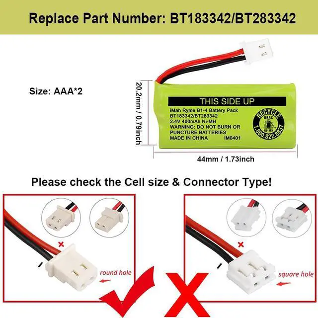 Alt view image 2 of 6 - _Mega Brand BT183342/BT283342 2.4V 400mAh Ni-MH Battery Pack Compatible with AT&T VTech Cordless Phone Batteries BT166342/BT266342 BT162342/BT262342 2SN-AAA40H-S-X2, Pack of 2
