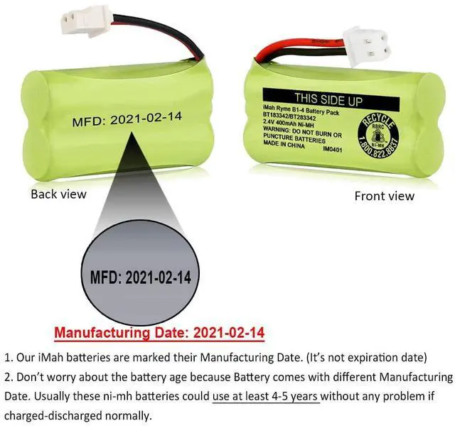 Alt view image 3 of 6 - _Mega Brand BT183342/BT283342 2.4V 400mAh Ni-MH Battery Pack Compatible with AT&T VTech Cordless Phone Batteries BT166342/BT266342 BT162342/BT262342 2SN-AAA40H-S-X2, Pack of 2