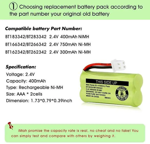 Alt view image 4 of 6 - _Mega Brand BT183342/BT283342 2.4V 400mAh Ni-MH Battery Pack Compatible with AT&T VTech Cordless Phone Batteries BT166342/BT266342 BT162342/BT262342 2SN-AAA40H-S-X2, Pack of 2