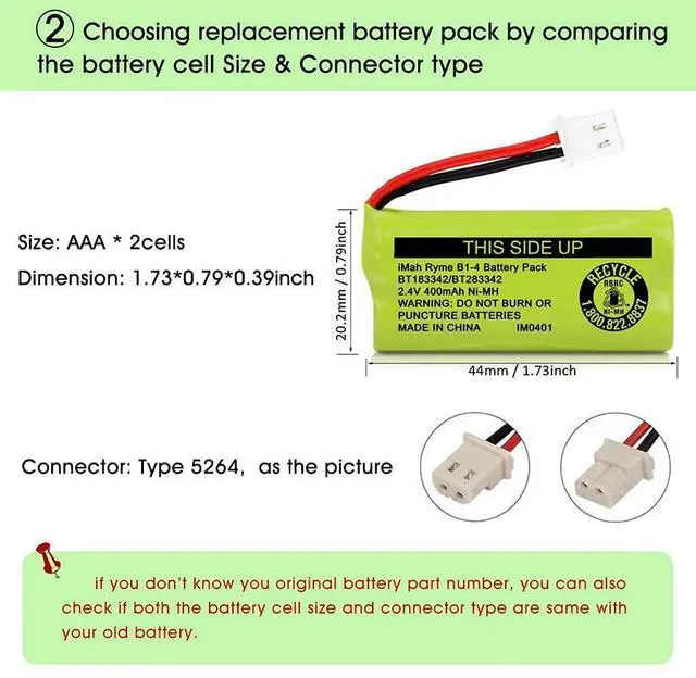 Alt view image 5 of 6 - _Mega Brand BT183342/BT283342 2.4V 400mAh Ni-MH Battery Pack Compatible with AT&T VTech Cordless Phone Batteries BT166342/BT266342 BT162342/BT262342 2SN-AAA40H-S-X2, Pack of 2