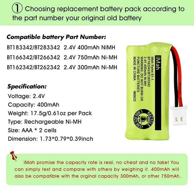 Alt view image 4 of 6 - _Mega Brand BT183342/BT283342 2.4V 400mAh Ni-MH Battery Compatible with AT&T CL82207 EL52100 EL50003 VTech CS6709 CS6609 CS6409 BL102-3 Handset Replace Battery BT166342 BT266342 BT162342 BT262342