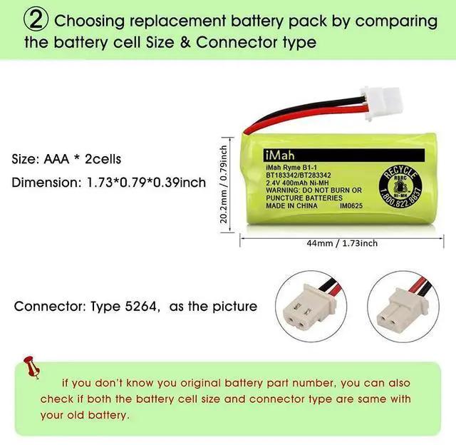 Alt view image 5 of 6 - _Mega Brand BT183342/BT283342 2.4V 400mAh Ni-MH Battery Compatible with AT&T CL82207 EL52100 EL50003 VTech CS6709 CS6609 CS6409 BL102-3 Handset Replace Battery BT166342 BT266342 BT162342 BT262342