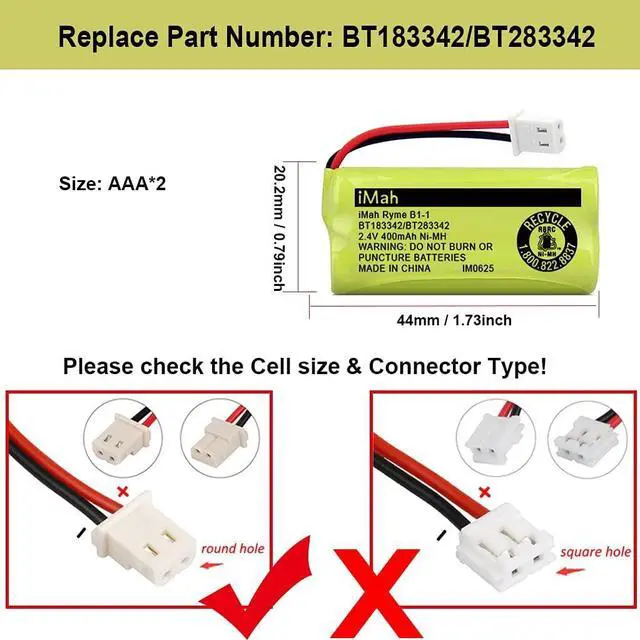 Alt view image 3 of 6 - _Mega Brand BT183342/BT283342 2.4V 400mAh Ni-MH Battery Compatible with AT&T CL82207 EL52100 EL50003 VTech CS6709 CS6609 CS6409 BL102-3 Handset Replace Battery BT166342 BT266342 BT162342 BT262342