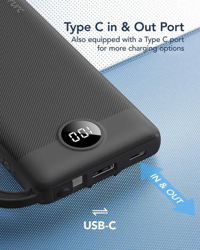 Alt view image 6 of 7 - _Mega Brand Portable Charger with Built in Cables, 10000mAh Travel Essentials Power Bank, 5 Output 2 Input LED Display External Battery Pack Compatible with iPhone,Samsung,Android-Black(1 Pack)