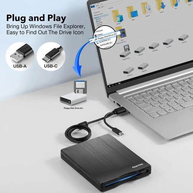 Alt view image 3 of 7 - _Mega Brand Floppy Disk Reader 3.5 inch USB Floppy Disk Drive External 3 1/2 Floppy disc Reader Portable Floppy Diskette Drive USB C for PC Laptop Notebook Computer with Windows 11/10