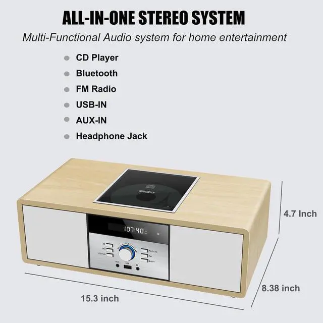 Alt view image 2 of 7 - _Mega Brand Bluetooth Stereo System for Home with CD Player, Vintage Wooden Hi-Fi Music System with Bluetooth, FM Radio, AUX & USB Input, Remote Control, Compact Radio & Stereo