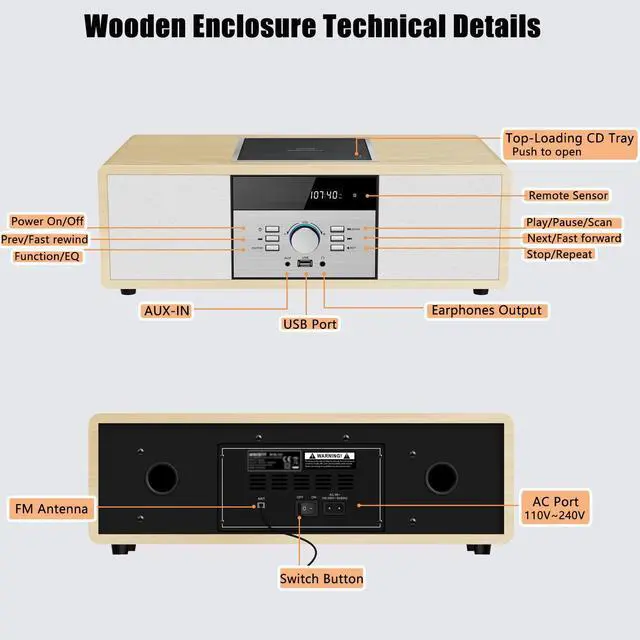Alt view image 7 of 7 - _Mega Brand Bluetooth Stereo System for Home with CD Player, Vintage Wooden Hi-Fi Music System with Bluetooth, FM Radio, AUX & USB Input, Remote Control, Compact Radio & Stereo