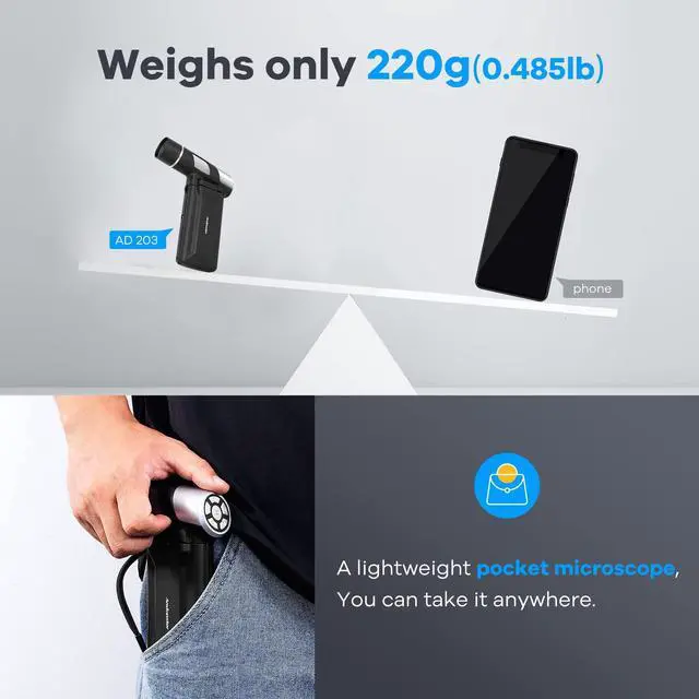 Alt view image 3 of 7 - AD203 Handheld Digital Microscope, Portable Pocket Microscope | 4.3 Inch Screen, FHD Video, Supports Windows Mac PC, USB Coin Microscope, 32GB SD Card, Carrying Bag, Wrist Strap