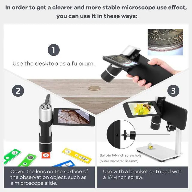 Alt view image 4 of 7 - AD203 Handheld Digital Microscope, Portable Pocket Microscope | 4.3 Inch Screen, FHD Video, Supports Windows Mac PC, USB Coin Microscope, 32GB SD Card, Carrying Bag, Wrist Strap