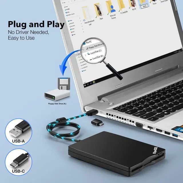Alt view image 3 of 7 - _Mega Brand Floppy Disk Reader 3.5 inch External USB A&C Floppy Disc Drive 3 1/2 Floppy Disk Drive/Converter/Player/Reader/Transfer for Laptop Desktop PC Compatible with Windows 11/10(Frosted Texture)