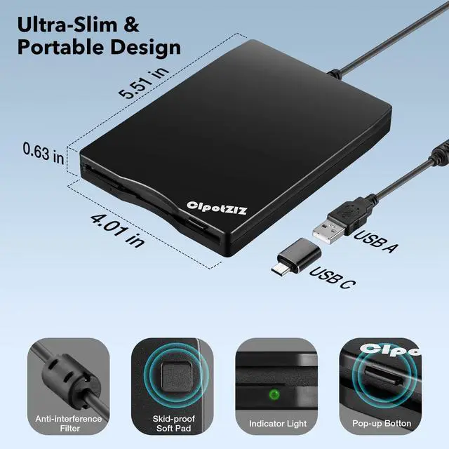 Alt view image 4 of 7 - _Mega Brand Floppy Disk Reader 3.5 inch External USB A&C Floppy Disc Drive 3 1/2 Floppy Disk Drive/Converter/Player/Reader/Transfer for Laptop Desktop PC Compatible with Windows 11/10(Frosted Texture)