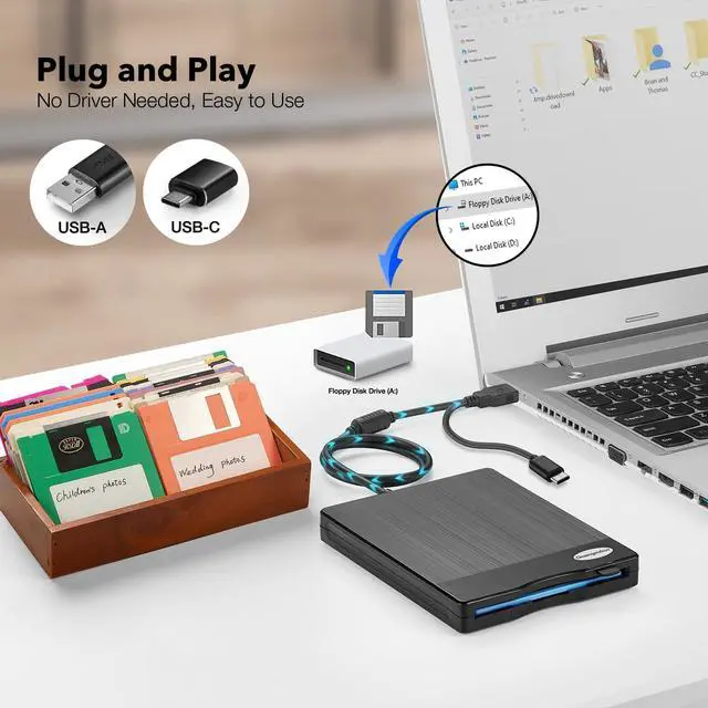 Alt view image 5 of 7 - Floppy Disk Reader 3.5 inch USB Floppy Disk Drive External 3 1/2 Floppy disc Reader Portable Floppy Diskette Drive USB C for PC Laptop Notebook Computer with Windows 11/10(Plane Texture, 3.5 Inch)